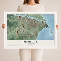 Map of Marinette, Wisconsin, 24 x 36 inch print in a white wood frame