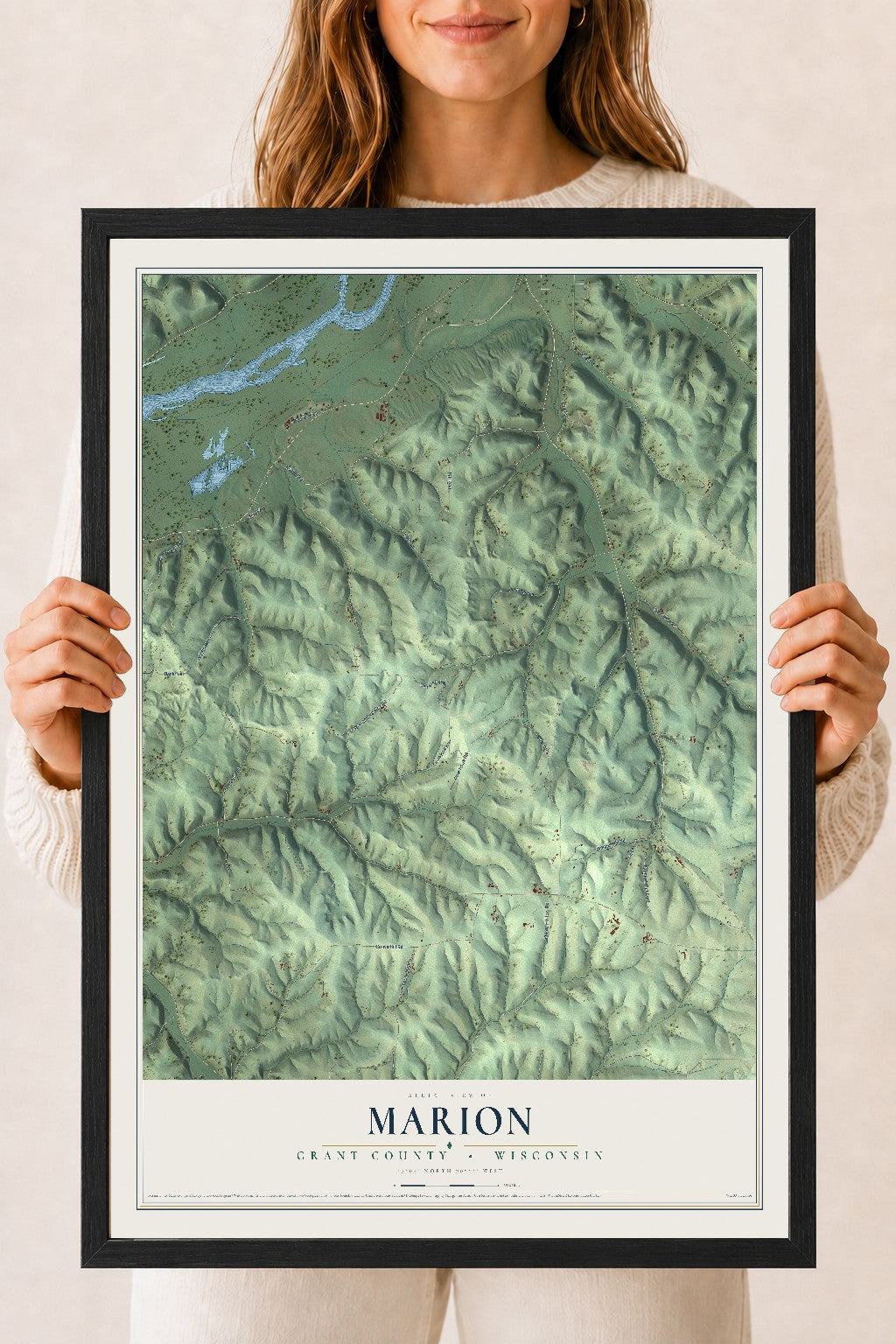 Map of Marion, Grant County, Wisconsin, 18 x 24 inch print in a black wood frame