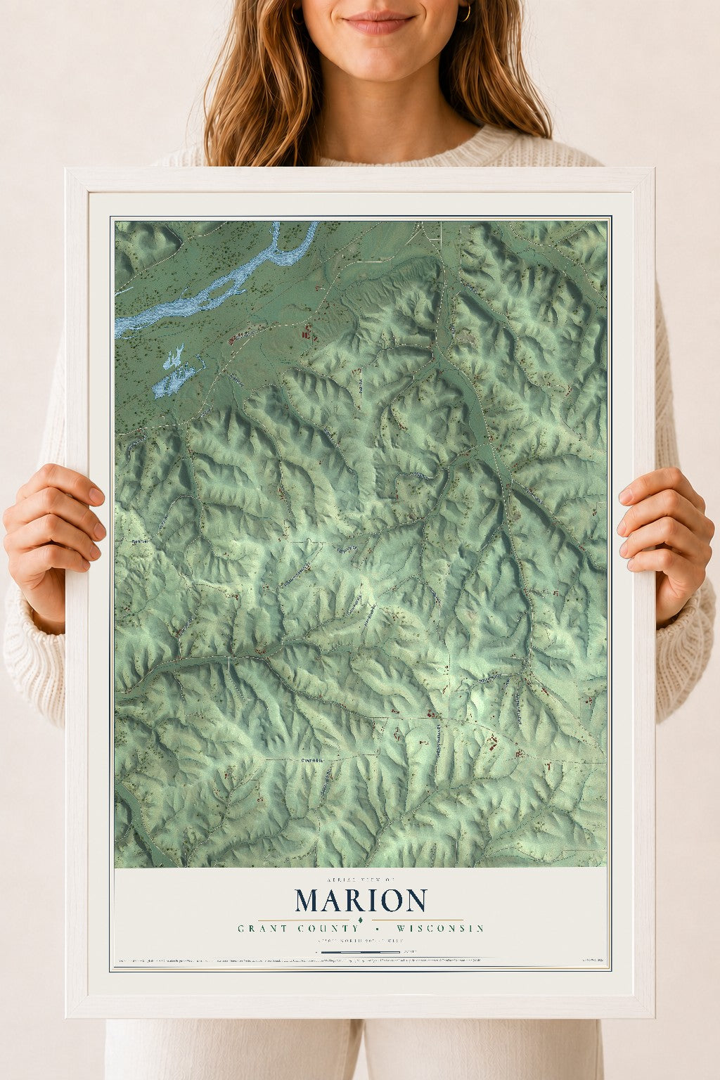 Map of Marion, Grant County, Wisconsin, 18 x 24 inch print in a white wood frame