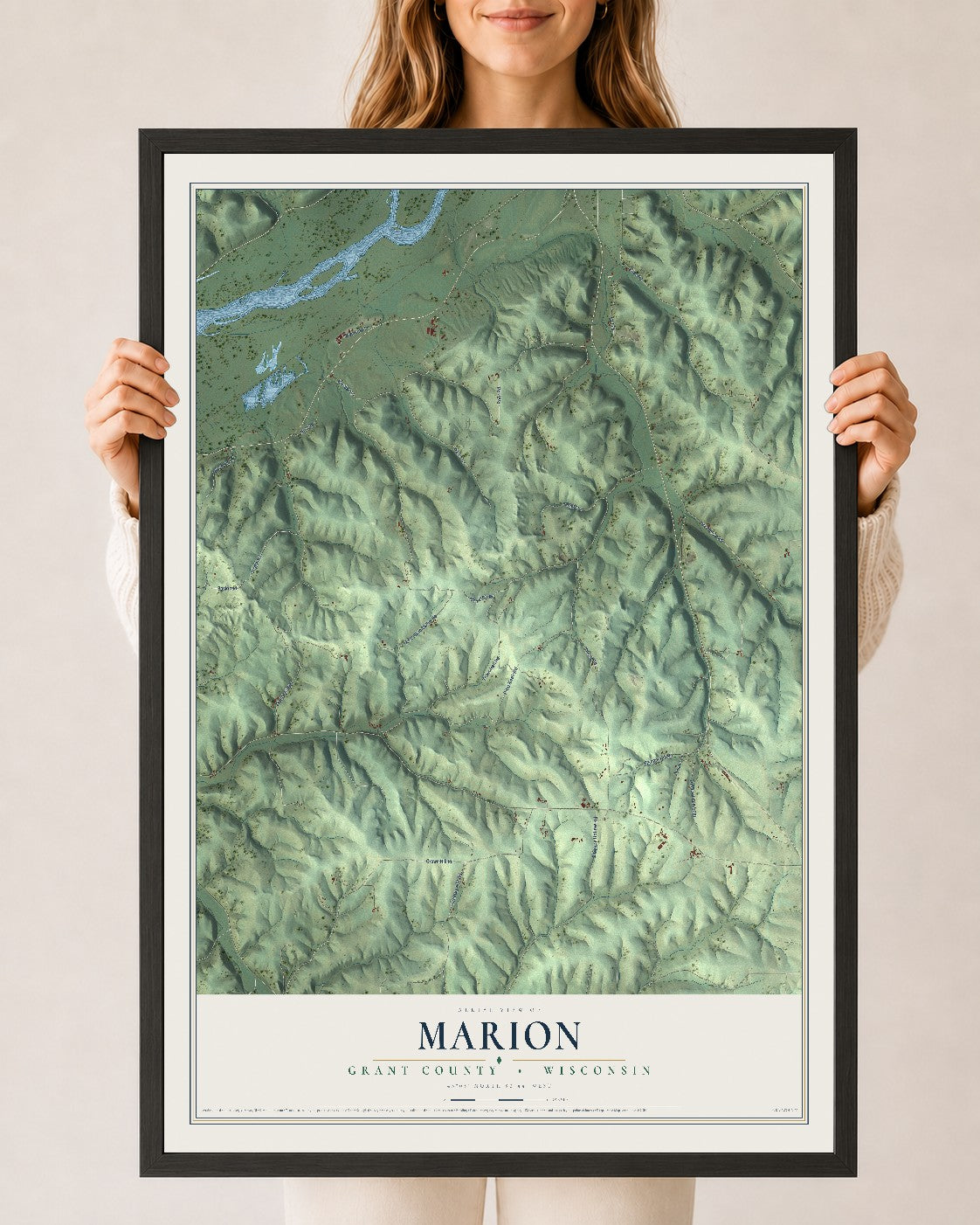 Map of Marion, Grant County, Wisconsin, 24 x 36 inch print in a black wood frame