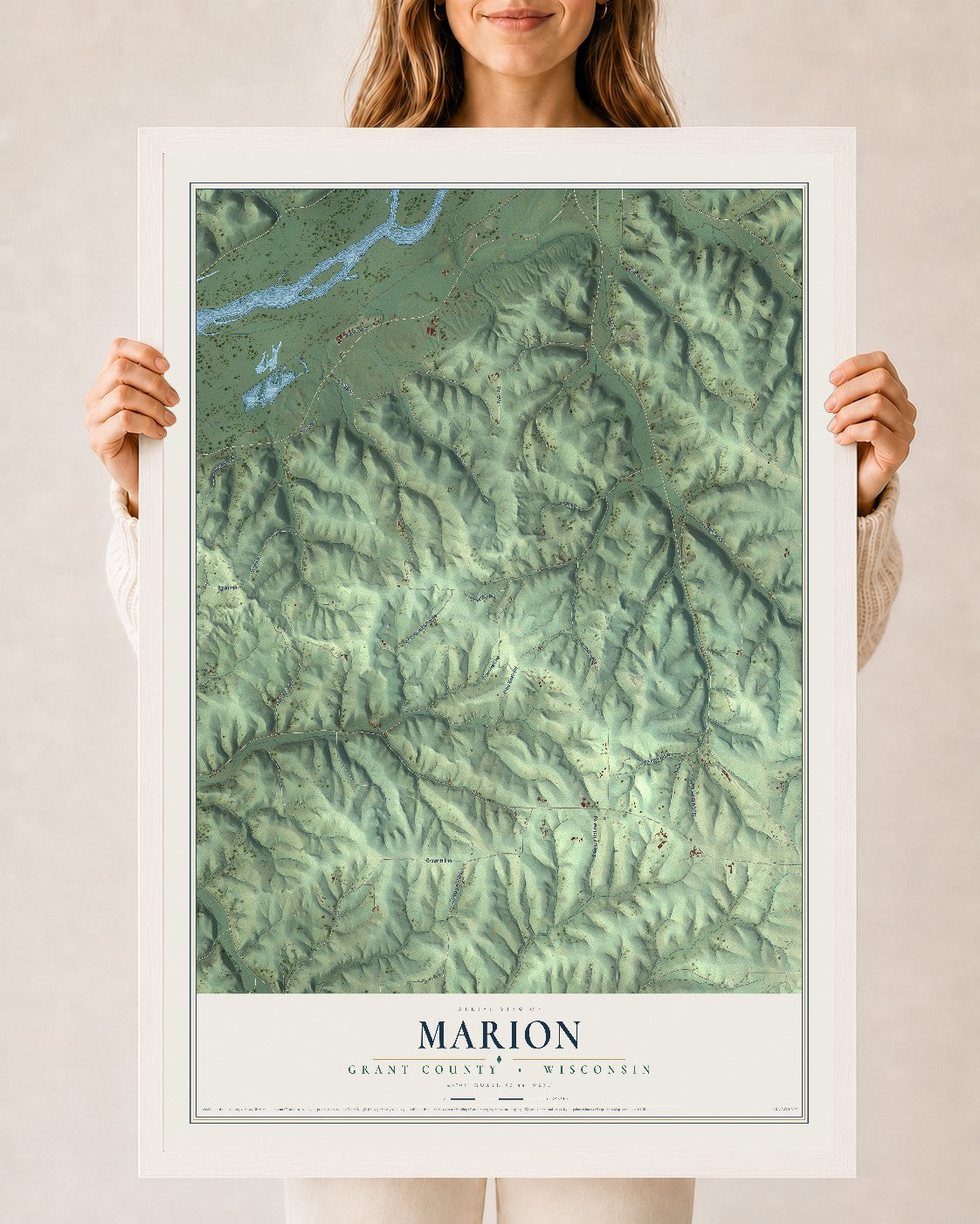Map of Marion, Grant County, Wisconsin, 24 x 36 inch print in a white wood frame
