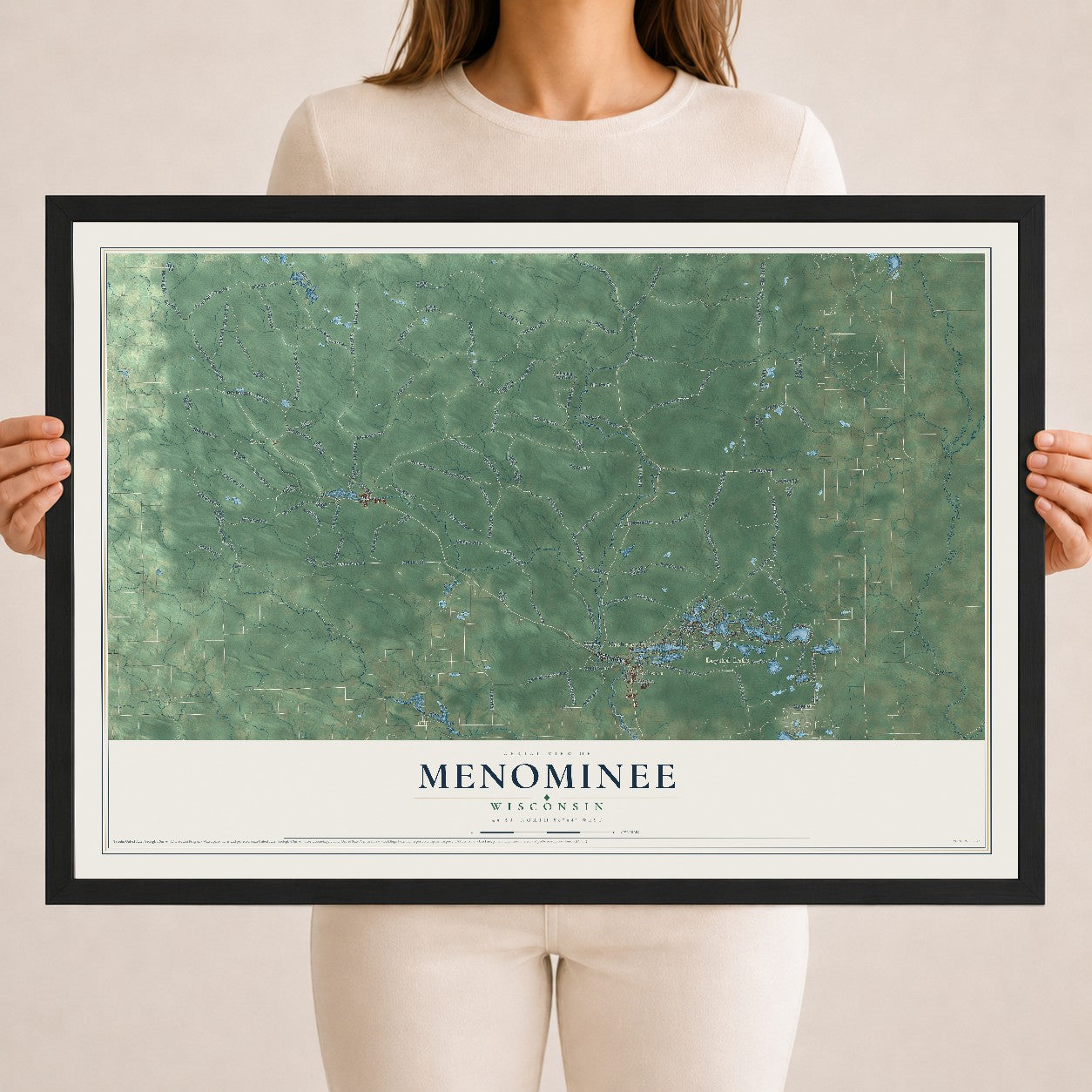 Map of Menominee, Wisconsin, 18 x 24 inch print in a black wood frame