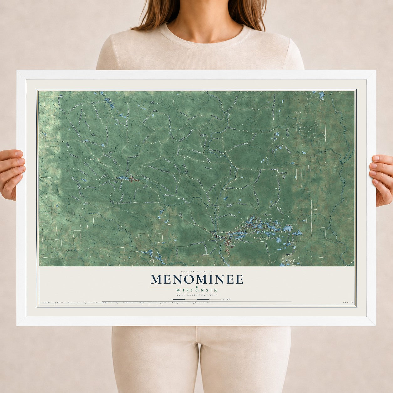 Map of Menominee, Wisconsin, 18 x 24 inch print in a white wood frame