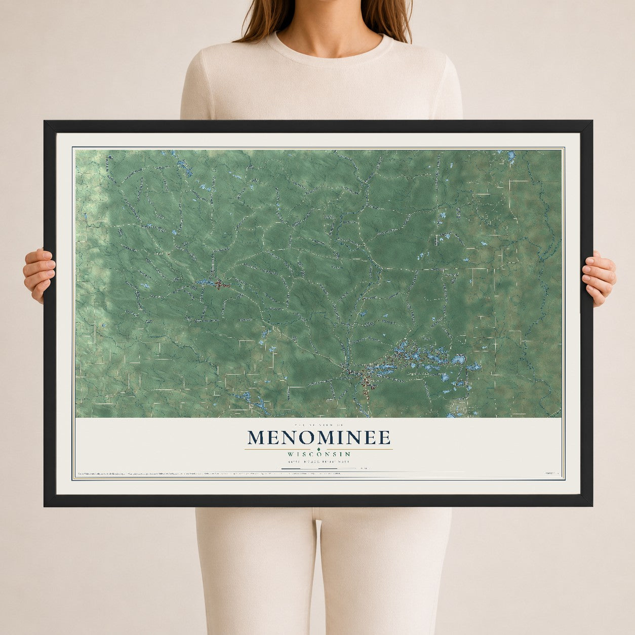 Map of Menominee, Wisconsin, 24 x 36 inch print in a black wood frame