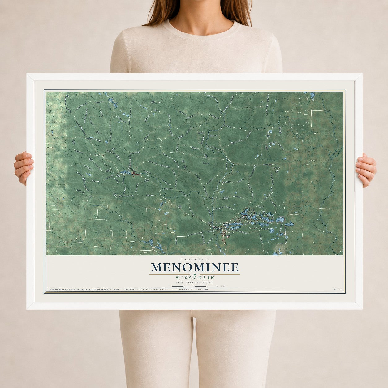 Map of Menominee, Wisconsin, 24 x 36 inch print in a white wood frame