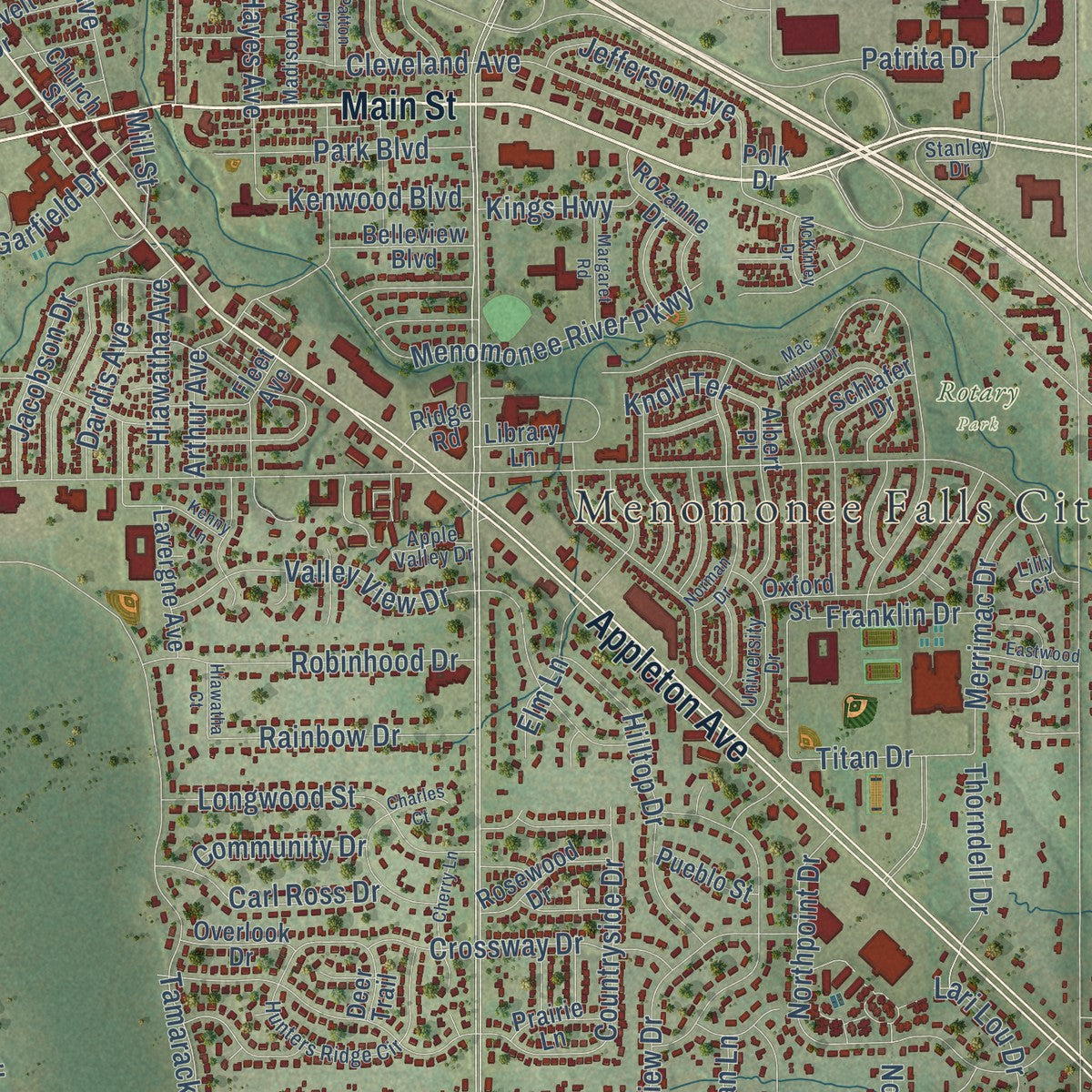 Close-up of the map of Menomonee Falls, Wisconsin print showing street and building detail