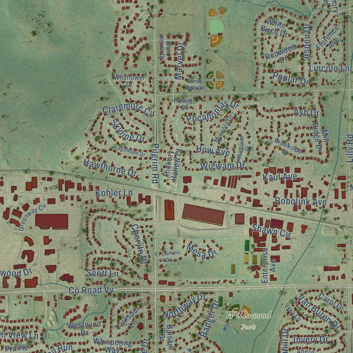 Second close-up of the map of Menomonee Falls, Wisconsin print showing more streets and buildings