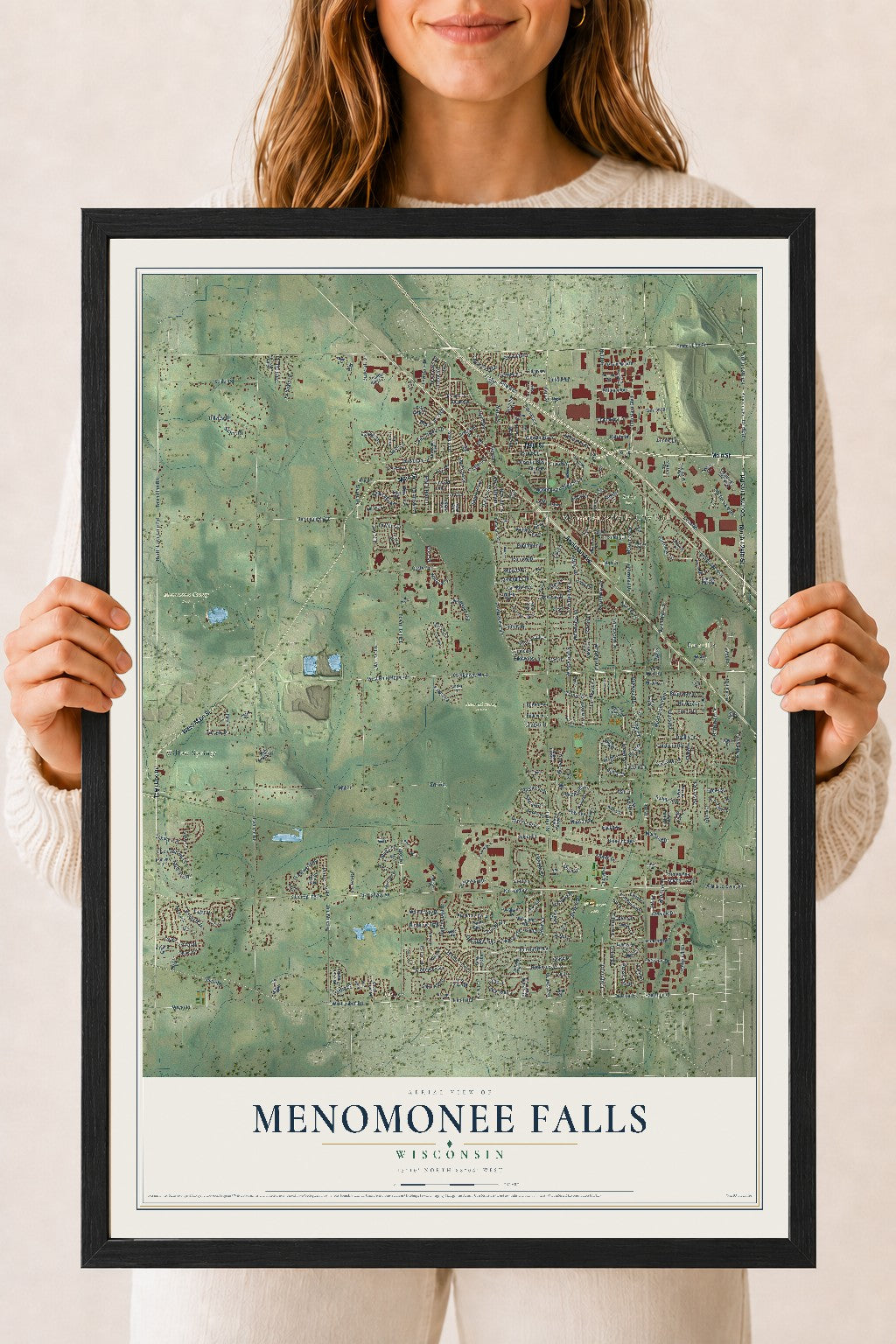 Map of Menomonee Falls, Wisconsin, 18 x 24 inch print in a black wood frame