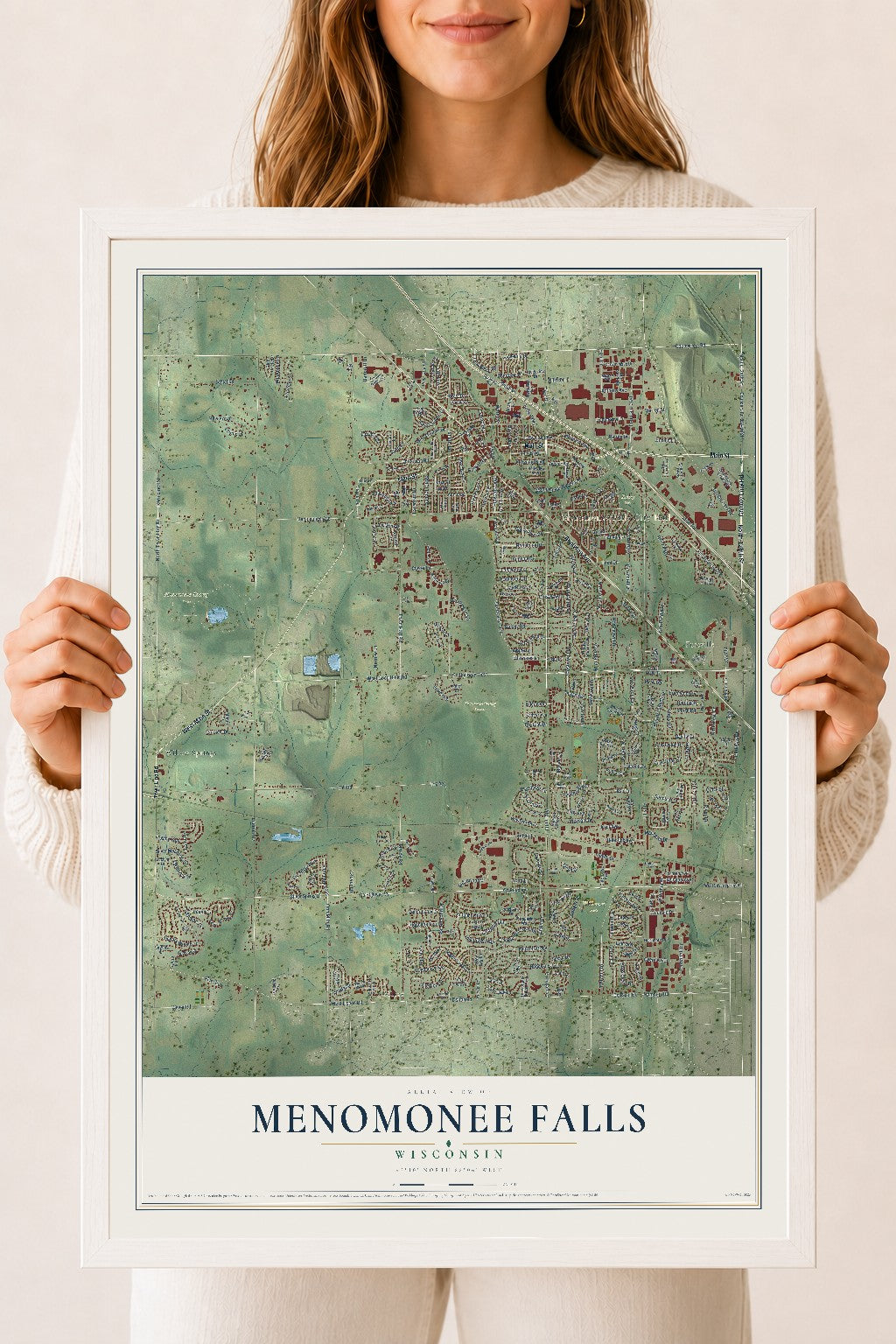 Map of Menomonee Falls, Wisconsin, 18 x 24 inch print in a white wood frame