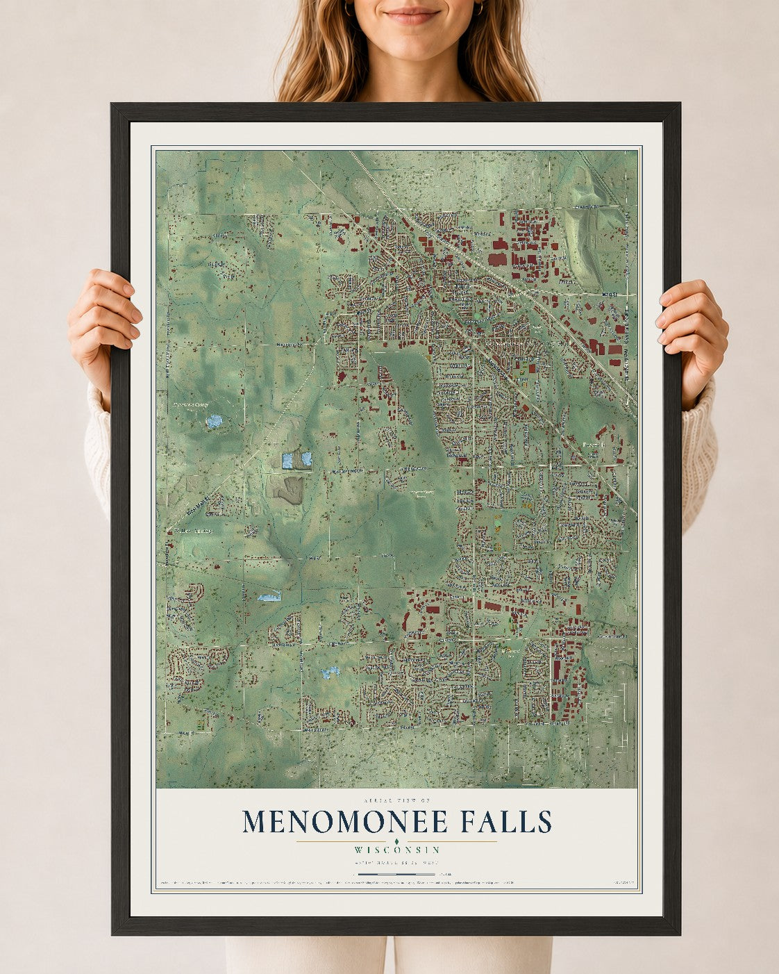 Map of Menomonee Falls, Wisconsin, 24 x 36 inch print in a black wood frame