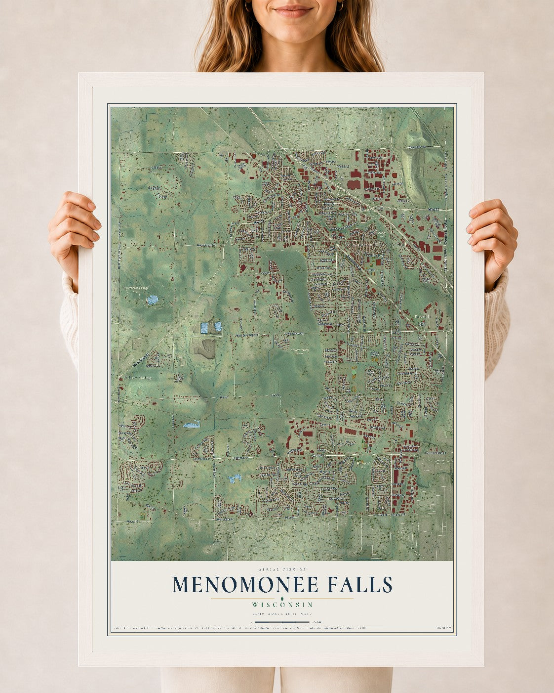 Map of Menomonee Falls, Wisconsin, 24 x 36 inch print in a white wood frame