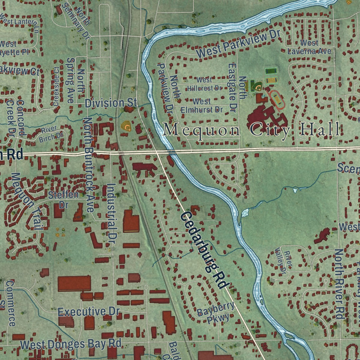 Close-up of the map of Mequon, Wisconsin print showing street and building detail