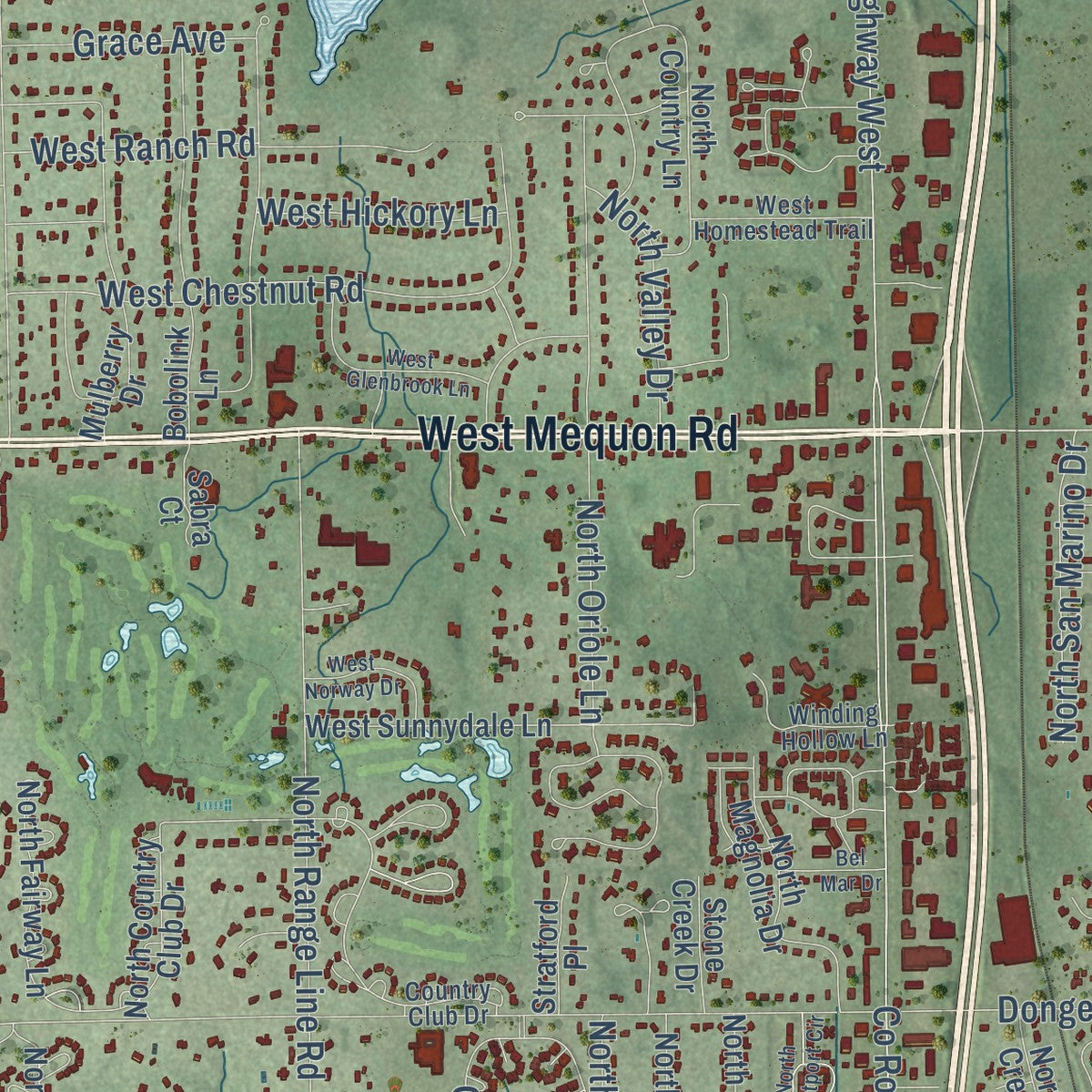 Second close-up of the map of Mequon, Wisconsin print showing more streets and buildings