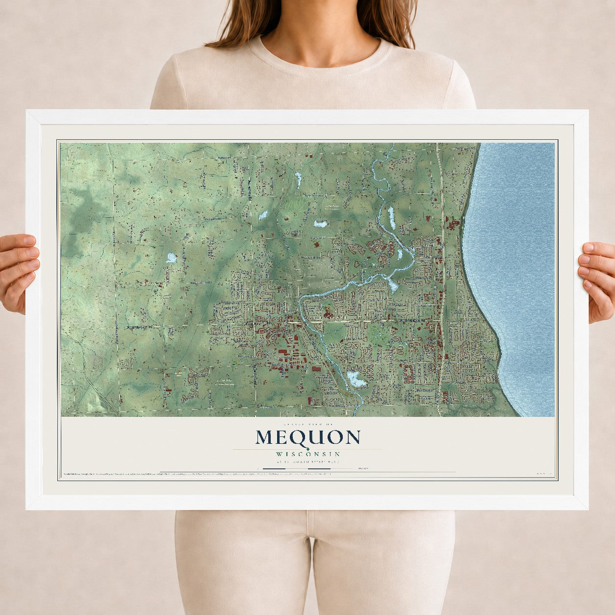 Map of Mequon, Wisconsin, 18 x 24 inch print in a white wood frame