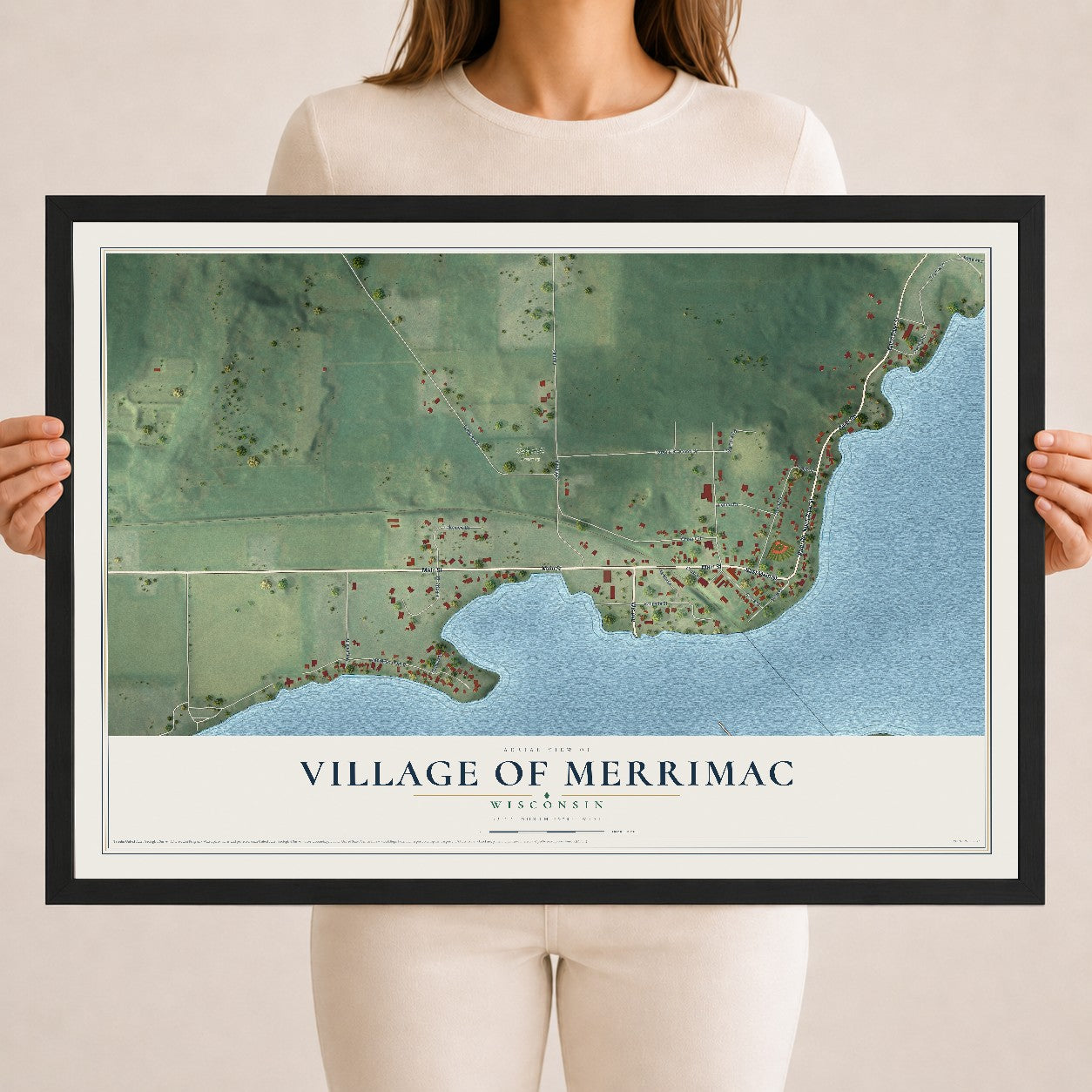 Map of Merrimac, Wisconsin, 18 x 24 inch print in a black wood frame