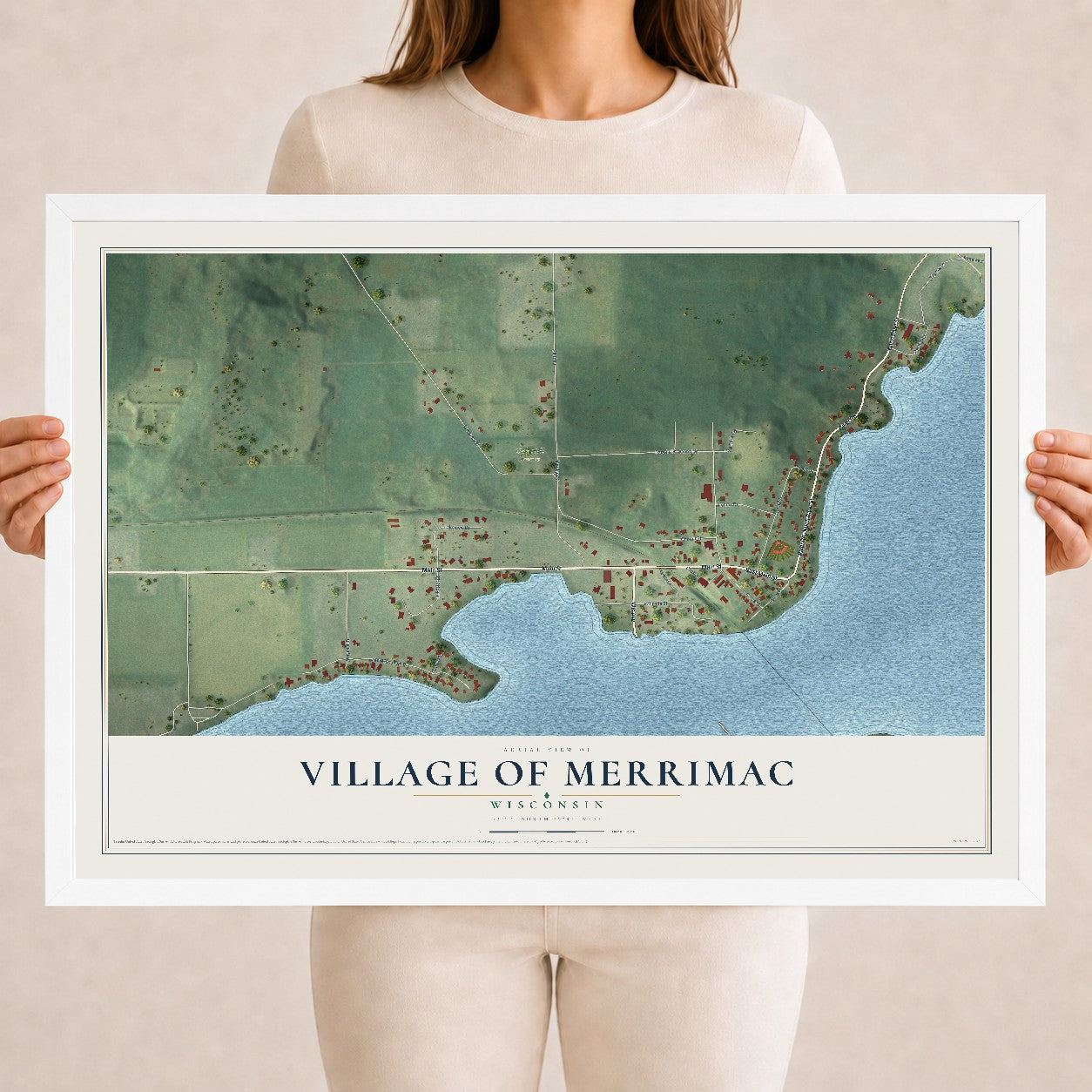 Map of Merrimac, Wisconsin, 18 x 24 inch print in a white wood frame
