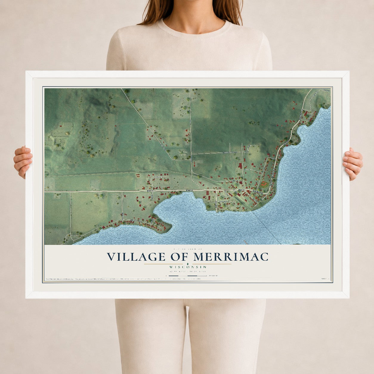Map of Merrimac, Wisconsin, 24 x 36 inch print in a white wood frame