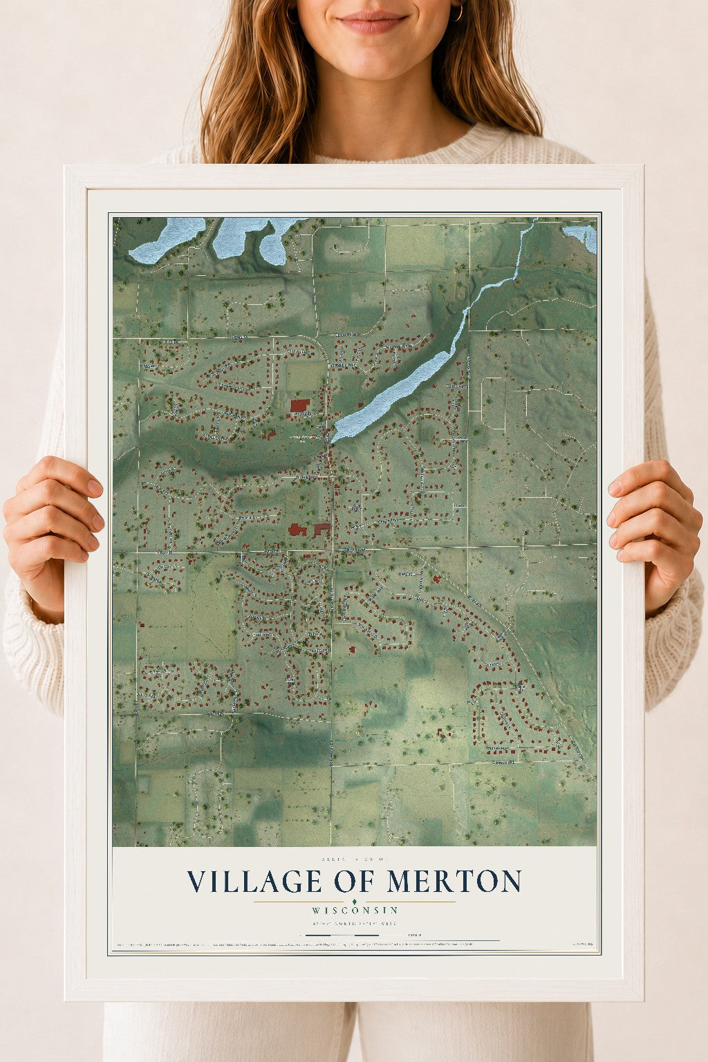 Map of Merton, Wisconsin, 18 x 24 inch print in a white wood frame
