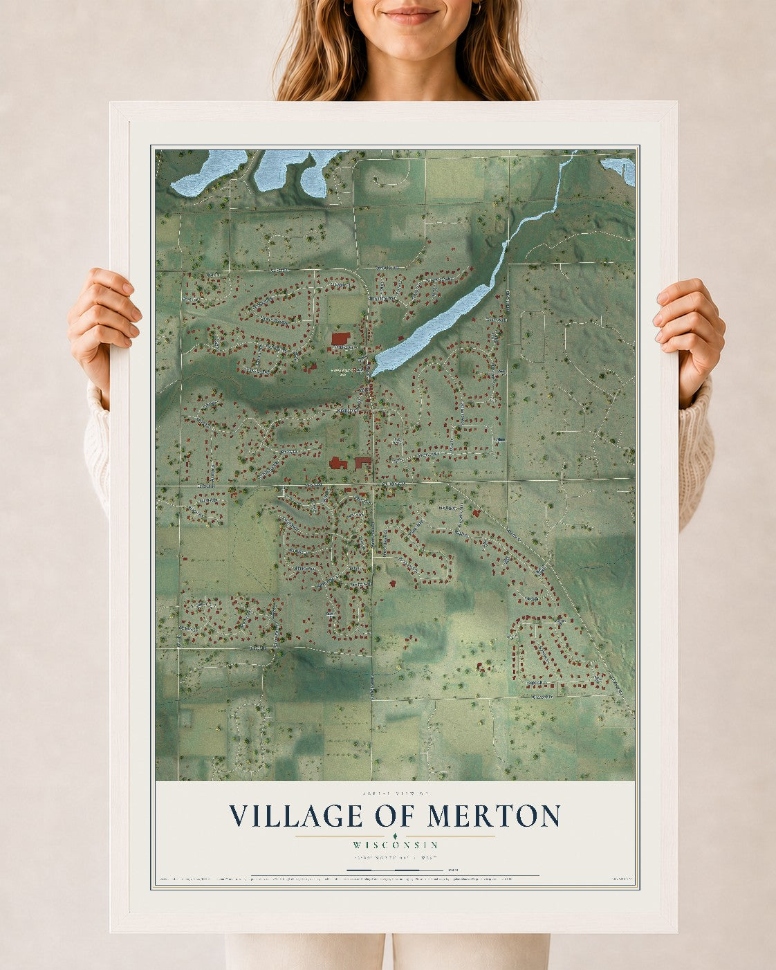 Map of Merton, Wisconsin, 24 x 36 inch print in a white wood frame