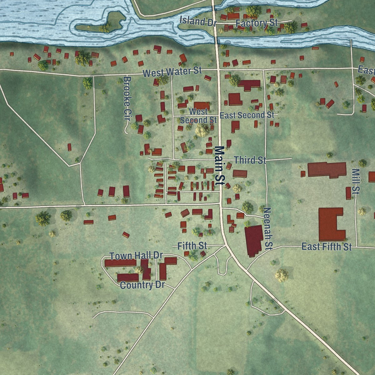 Second close-up of the map of Montello, Wisconsin print showing more streets and buildings