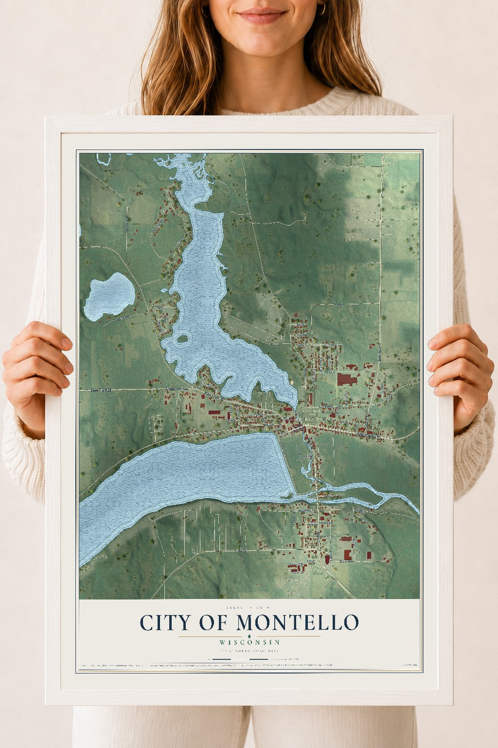 Map of Montello, Wisconsin, 18 x 24 inch print in a white wood frame