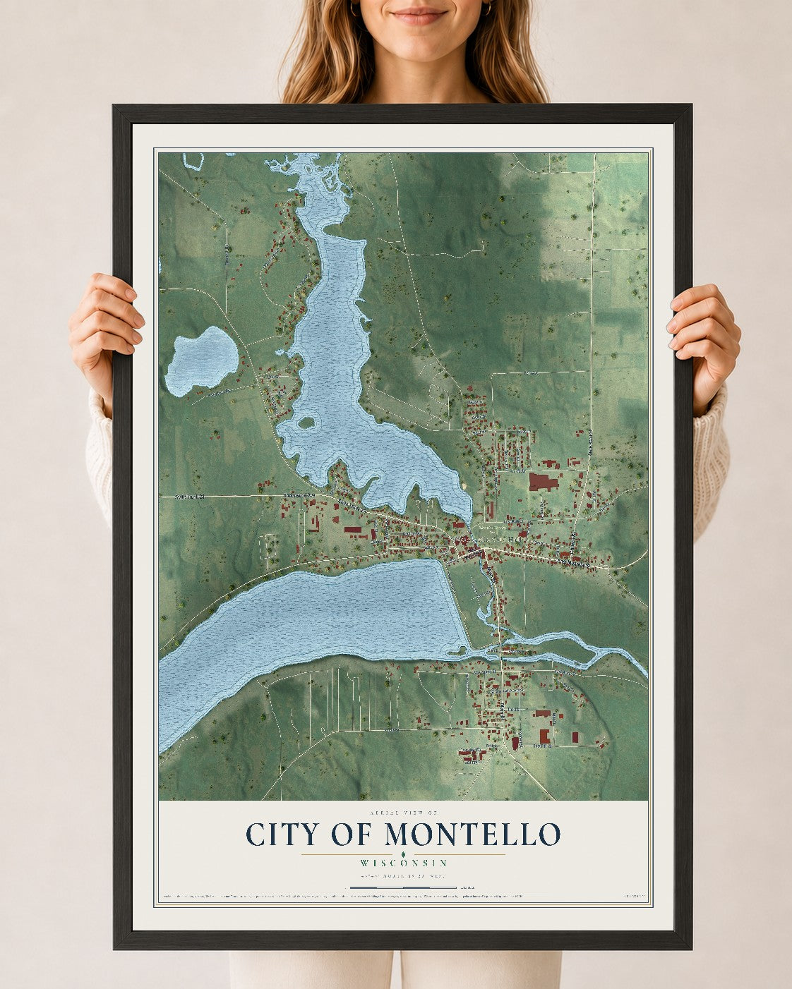 Map of Montello, Wisconsin, 24 x 36 inch print in a black wood frame