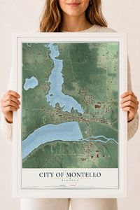 Map of Montello, Wisconsin, 18 x 24 inch print in a white wood frame
