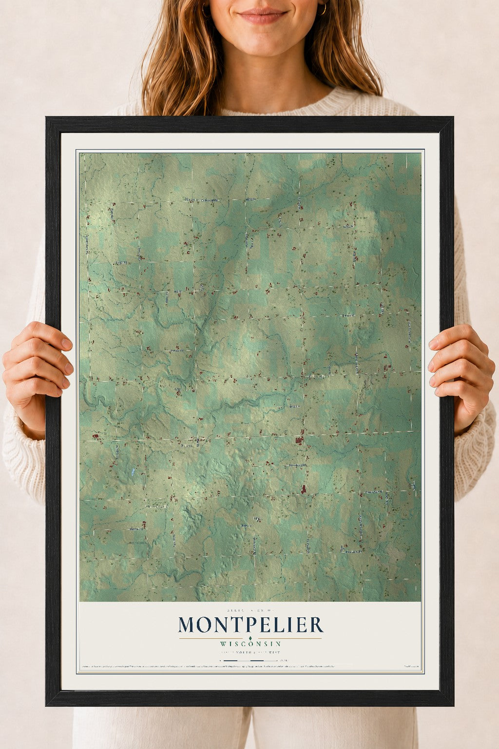 Map of Montpelier, Wisconsin, 18 x 24 inch print in a black wood frame