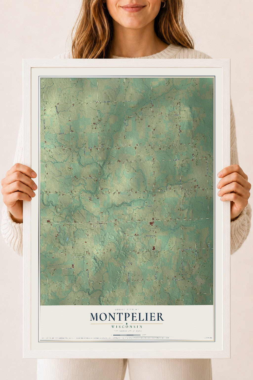 Map of Montpelier, Wisconsin, 18 x 24 inch print in a white wood frame
