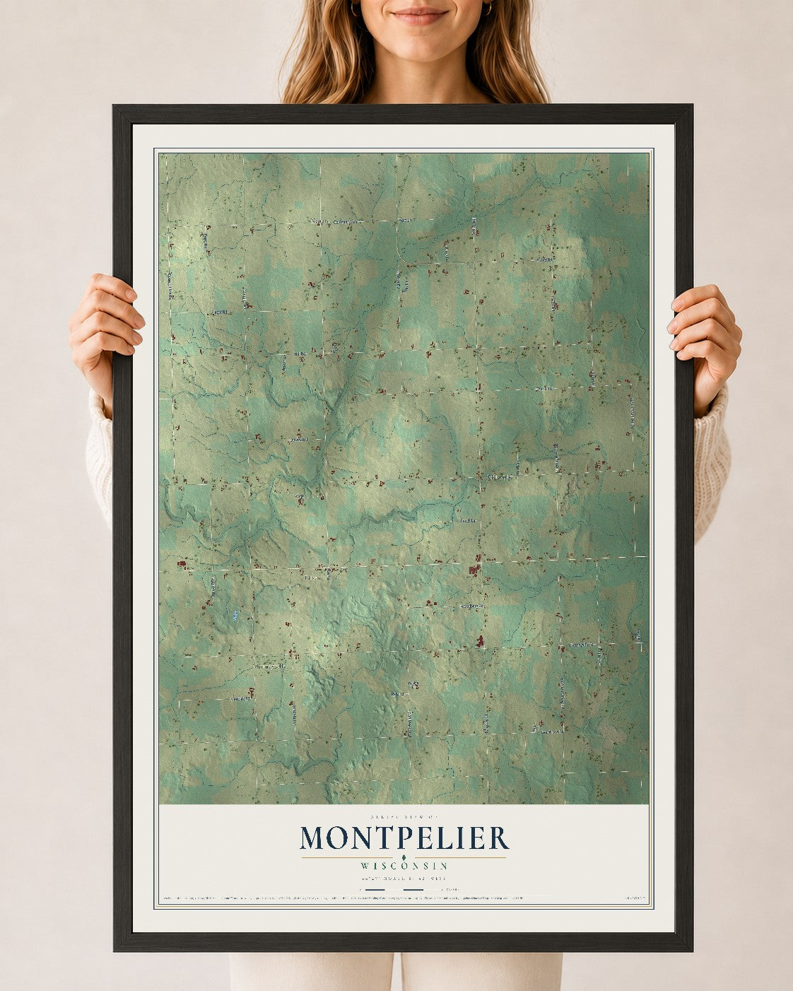 Map of Montpelier, Wisconsin, 24 x 36 inch print in a black wood frame