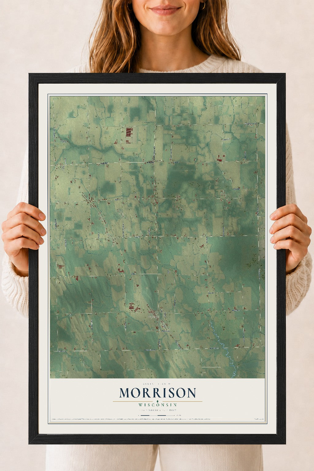 Map of Morrison, Wisconsin, 18 x 24 inch print in a black wood frame