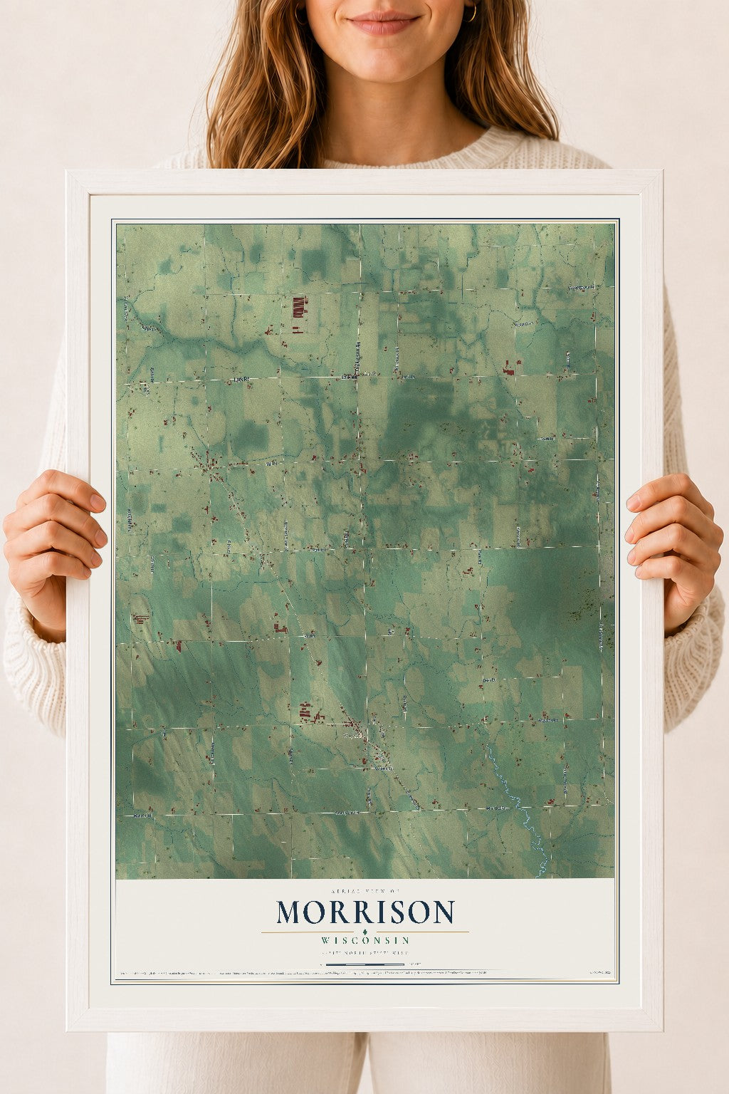 Map of Morrison, Wisconsin, 18 x 24 inch print in a white wood frame