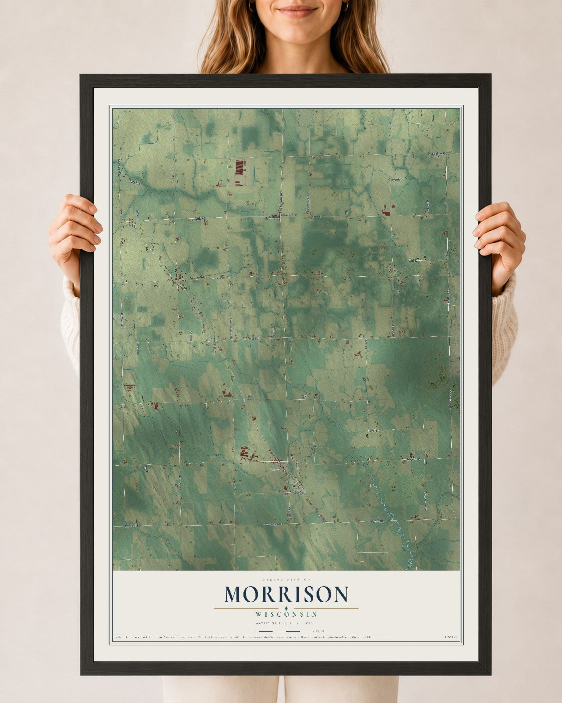 Map of Morrison, Wisconsin, 24 x 36 inch print in a black wood frame