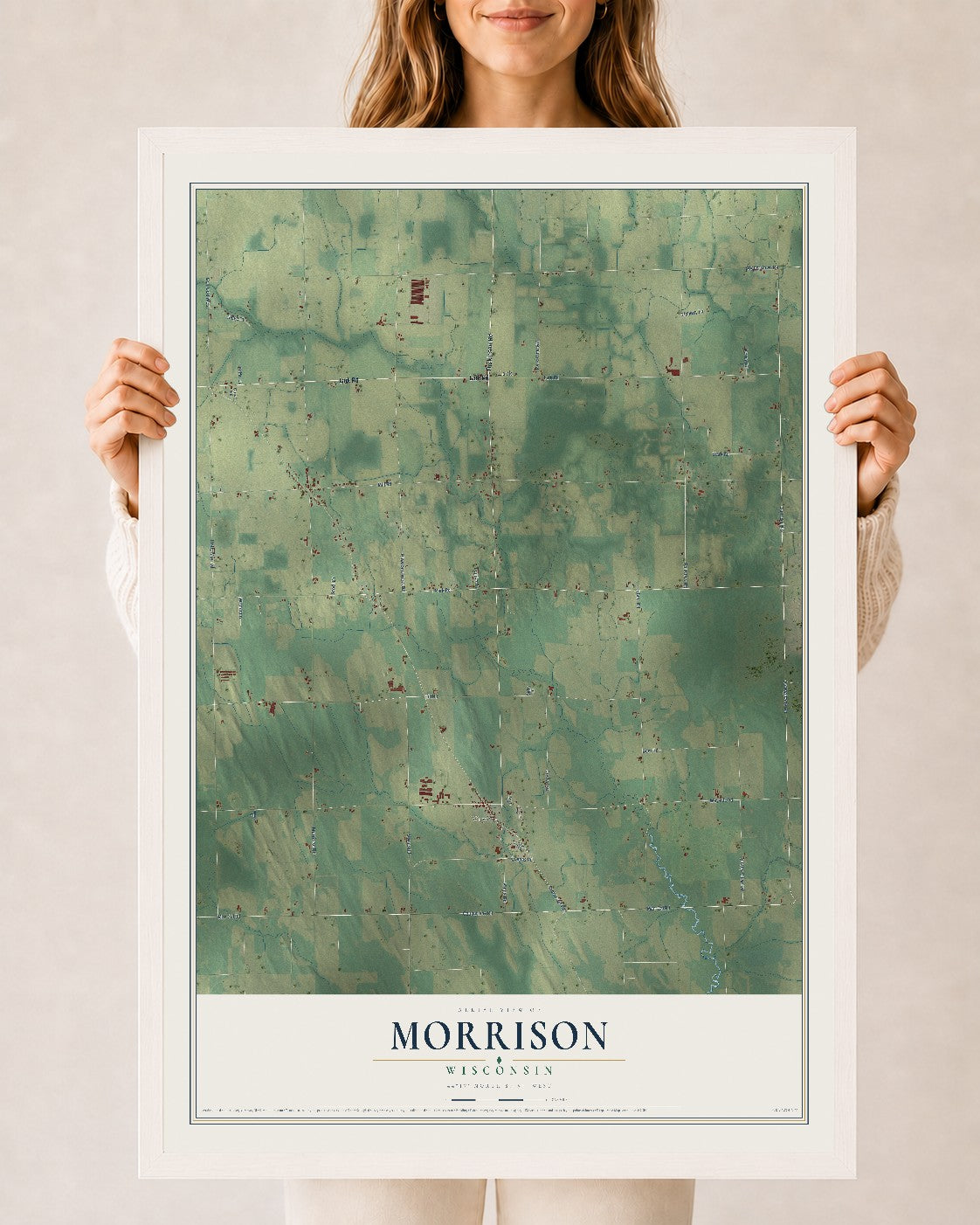 Map of Morrison, Wisconsin, 24 x 36 inch print in a white wood frame