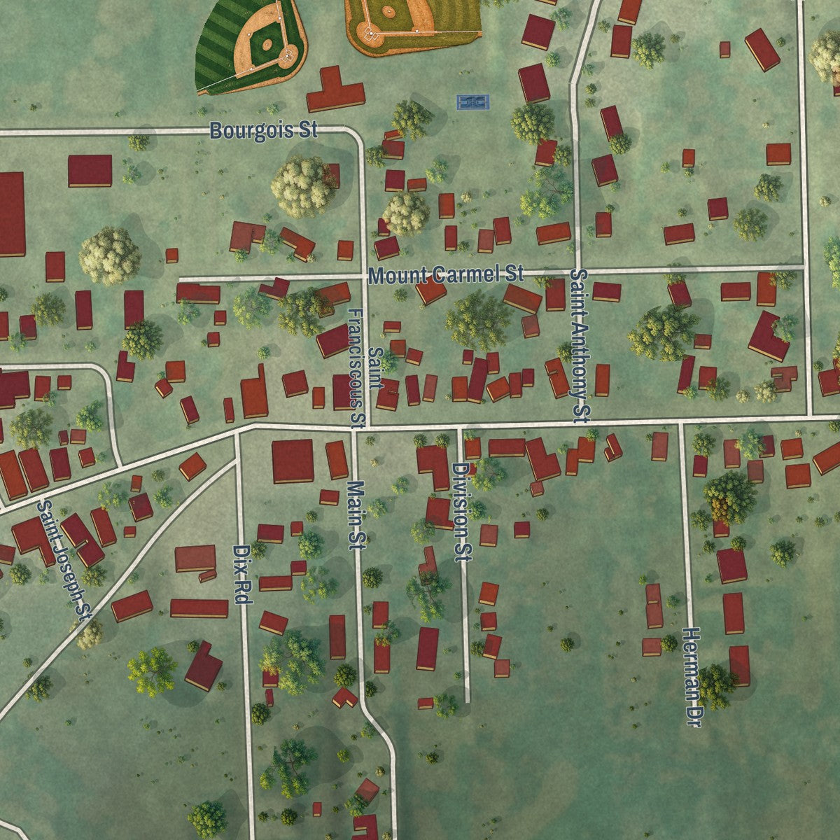 Close-up of the map of Mount Calvary, Wisconsin print showing street and building detail