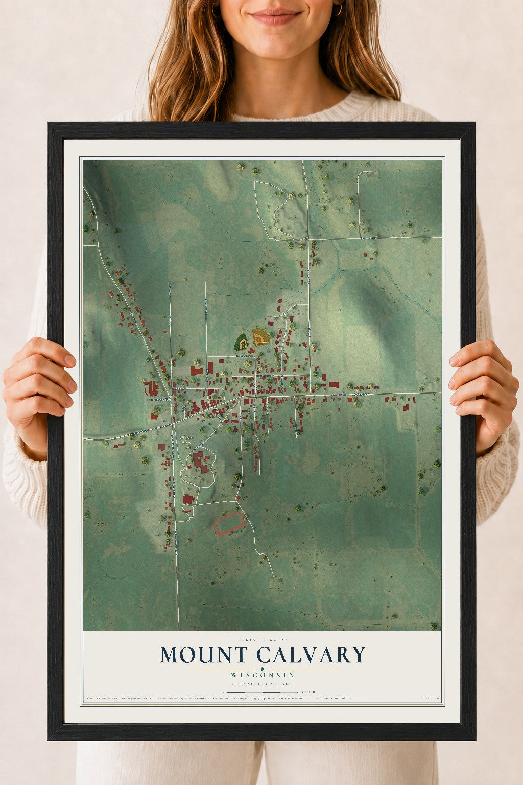 Map of Mount Calvary, Wisconsin, 18 x 24 inch print in a black wood frame