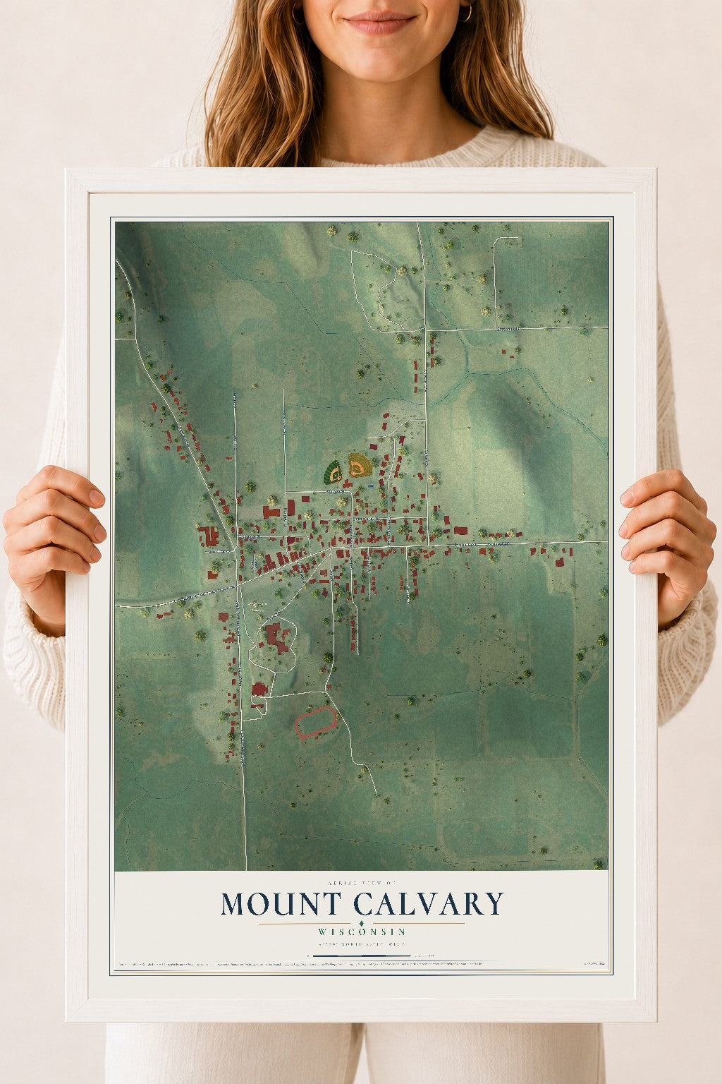 Map of Mount Calvary, Wisconsin, 18 x 24 inch print in a white wood frame