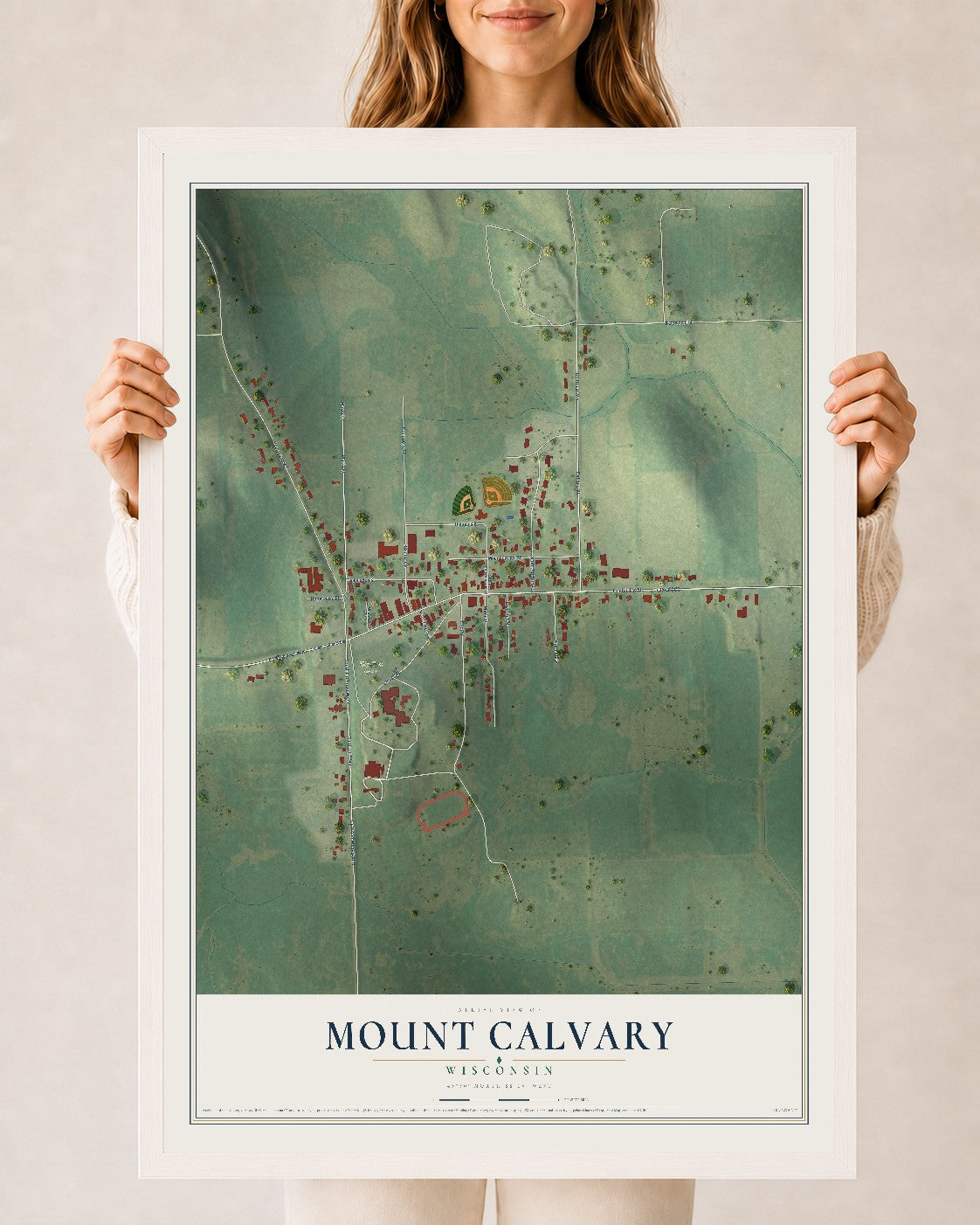 Map of Mount Calvary, Wisconsin, 24 x 36 inch print in a white wood frame