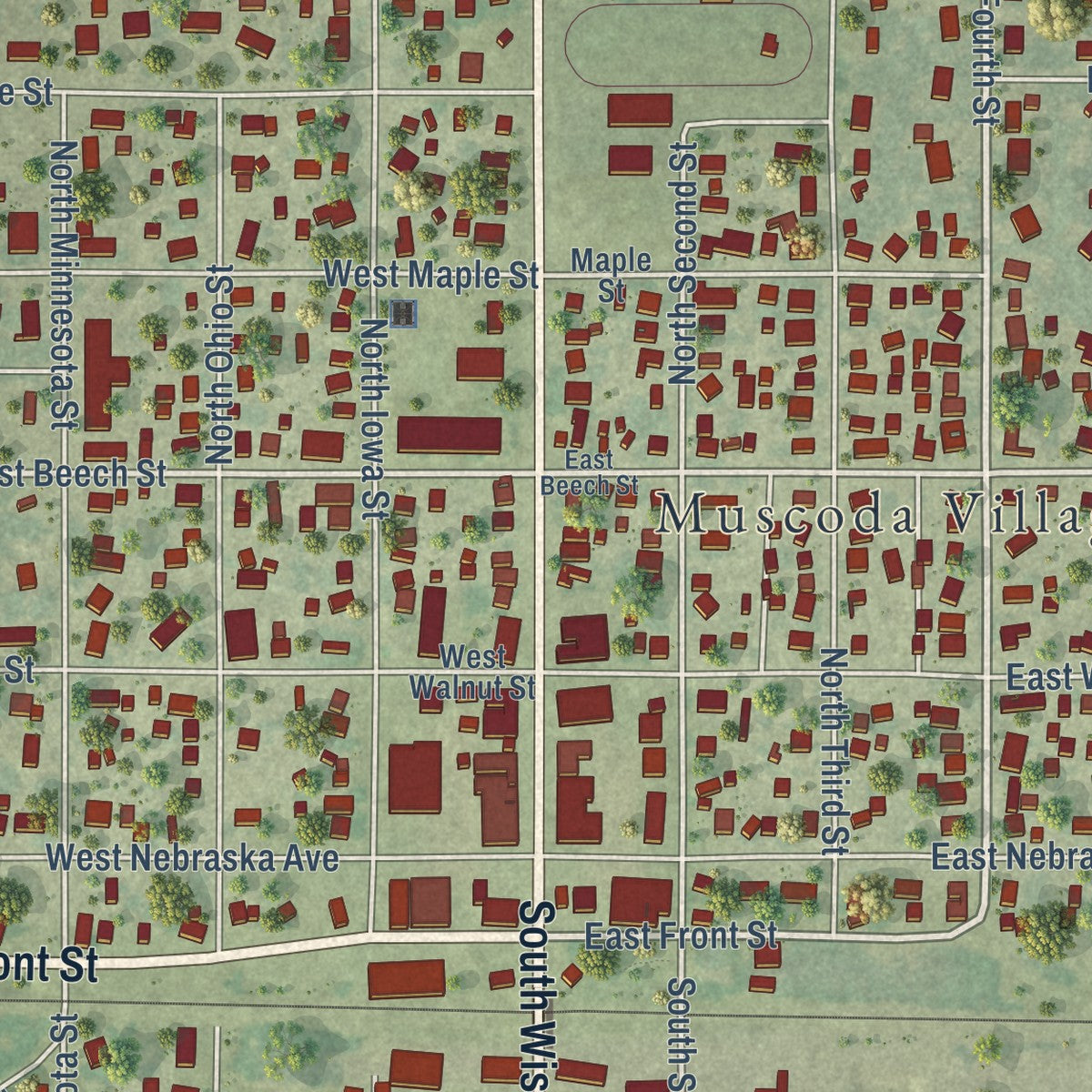 Close-up of the map of Muscoda, Wisconsin print showing street and building detail