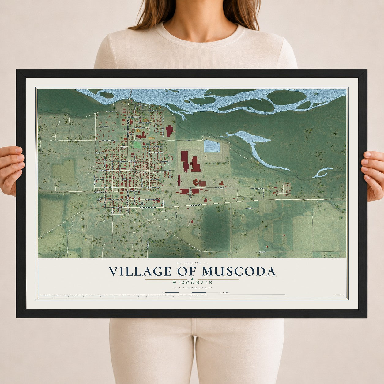 Map of Muscoda, Wisconsin, 18 x 24 inch print in a black wood frame
