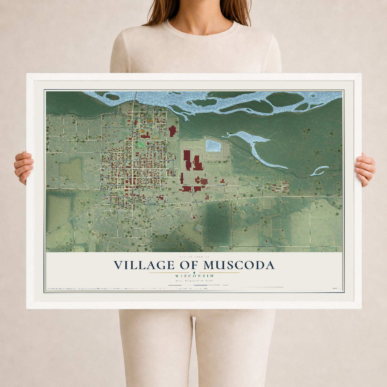 Map of Muscoda, Wisconsin, 24 x 36 inch print in a white wood frame