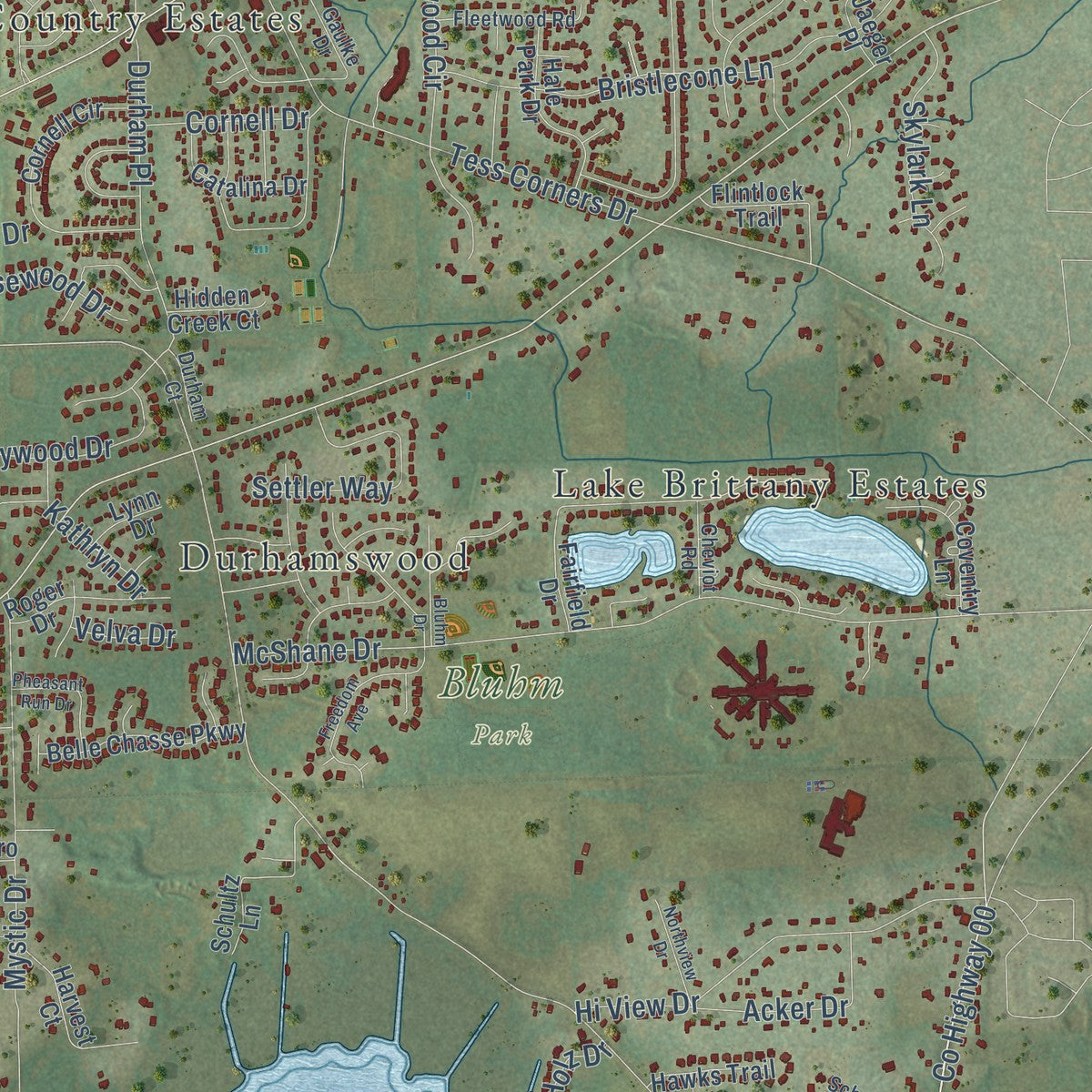 Second close-up of the map of Muskego, Wisconsin print showing more streets and buildings