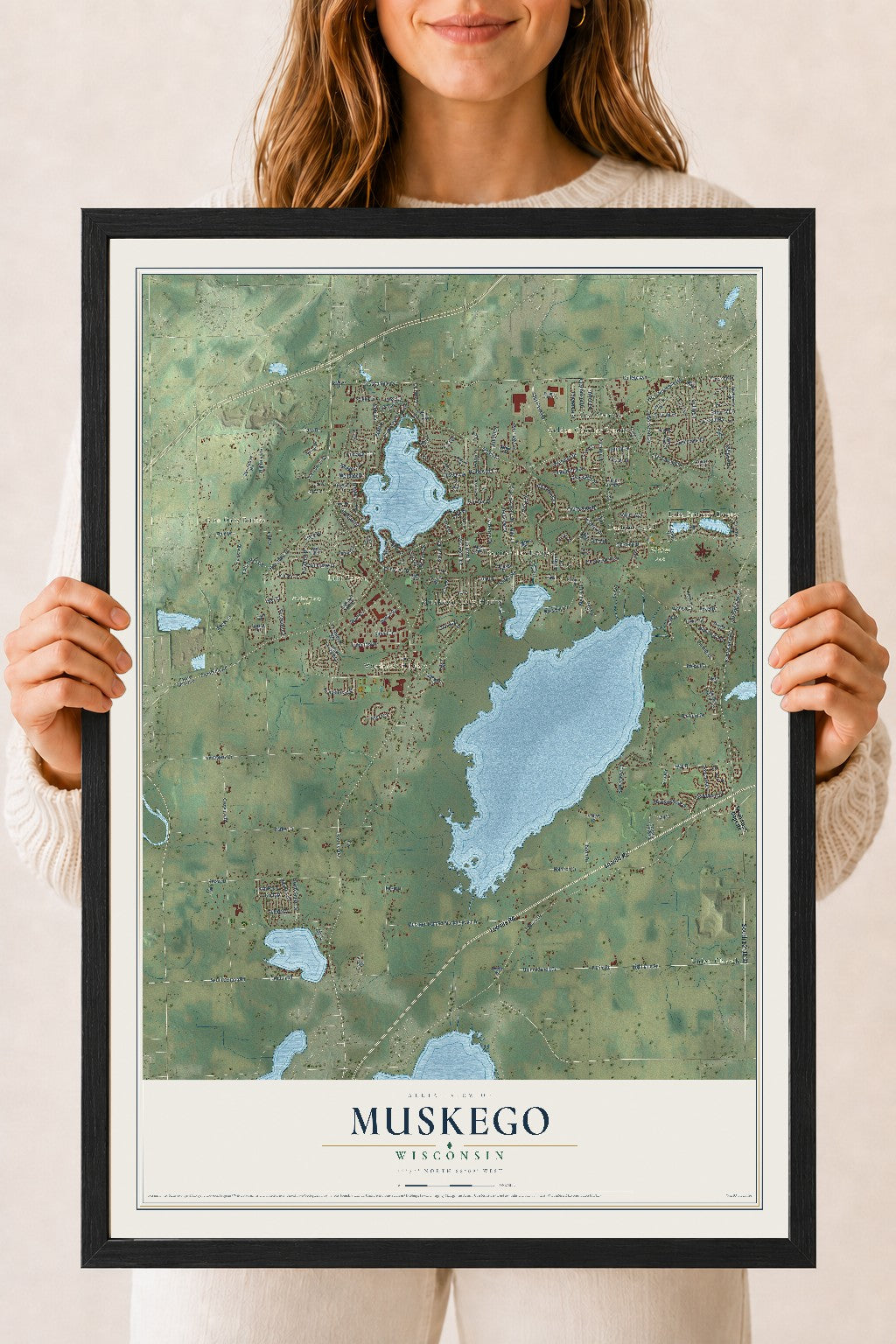 Map of Muskego, Wisconsin, 18 x 24 inch print in a black wood frame