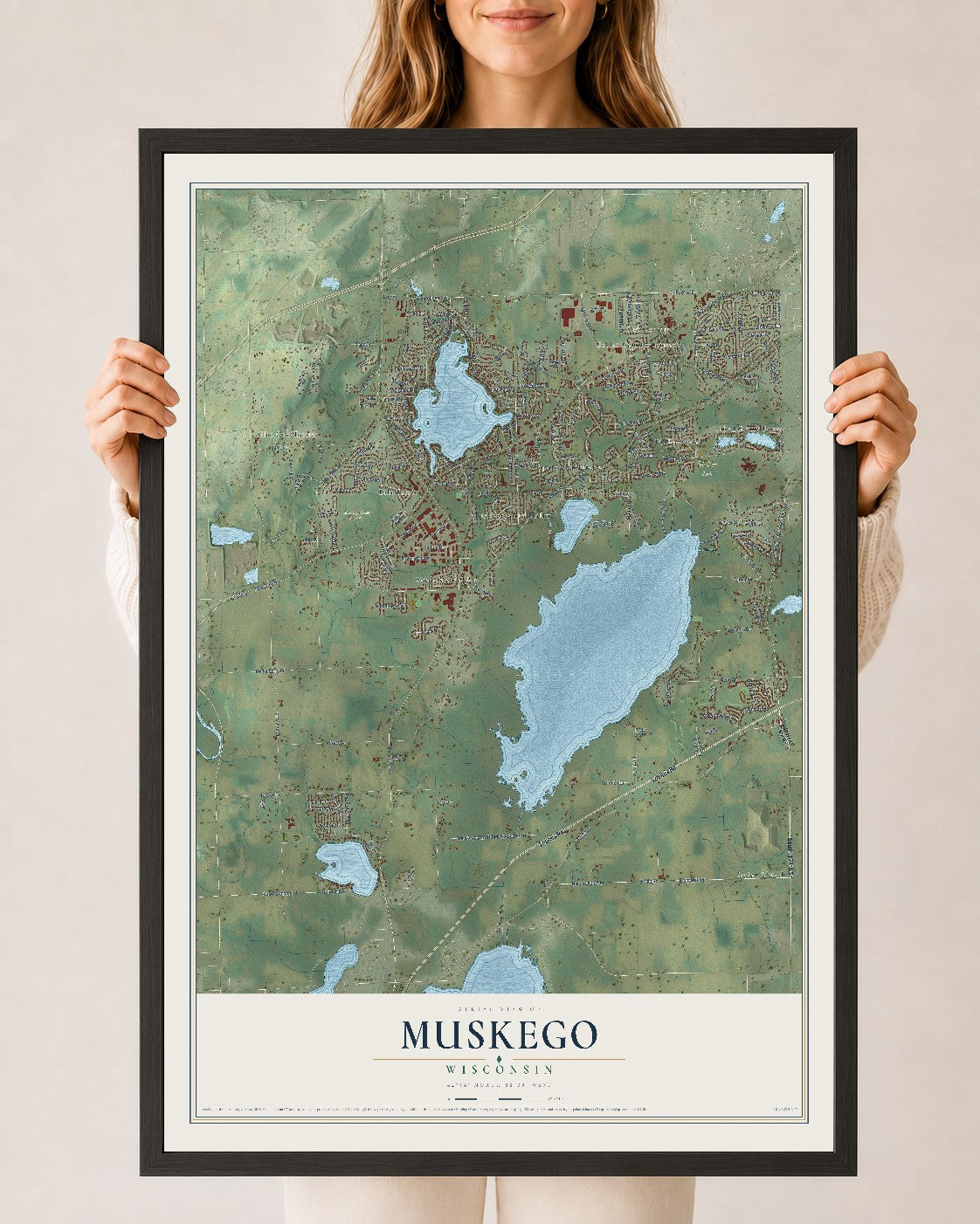 Map of Muskego, Wisconsin, 24 x 36 inch print in a black wood frame