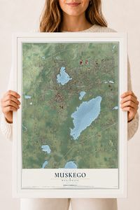 Map of Muskego, Wisconsin, 18 x 24 inch print in a white wood frame