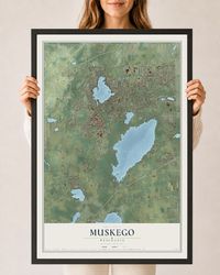 Map of Muskego, Wisconsin, 24 x 36 inch print in a black wood frame