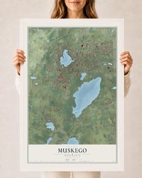 Map of Muskego, Wisconsin, 24 x 36 inch print in a white wood frame