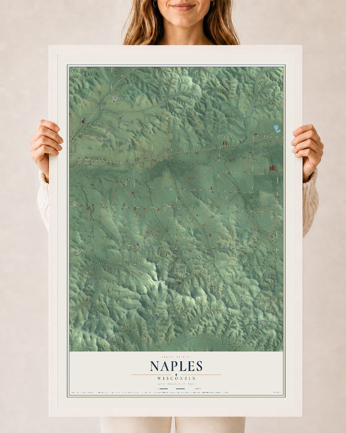 Map of Naples, Wisconsin, 24 x 36 inch print in a white wood frame