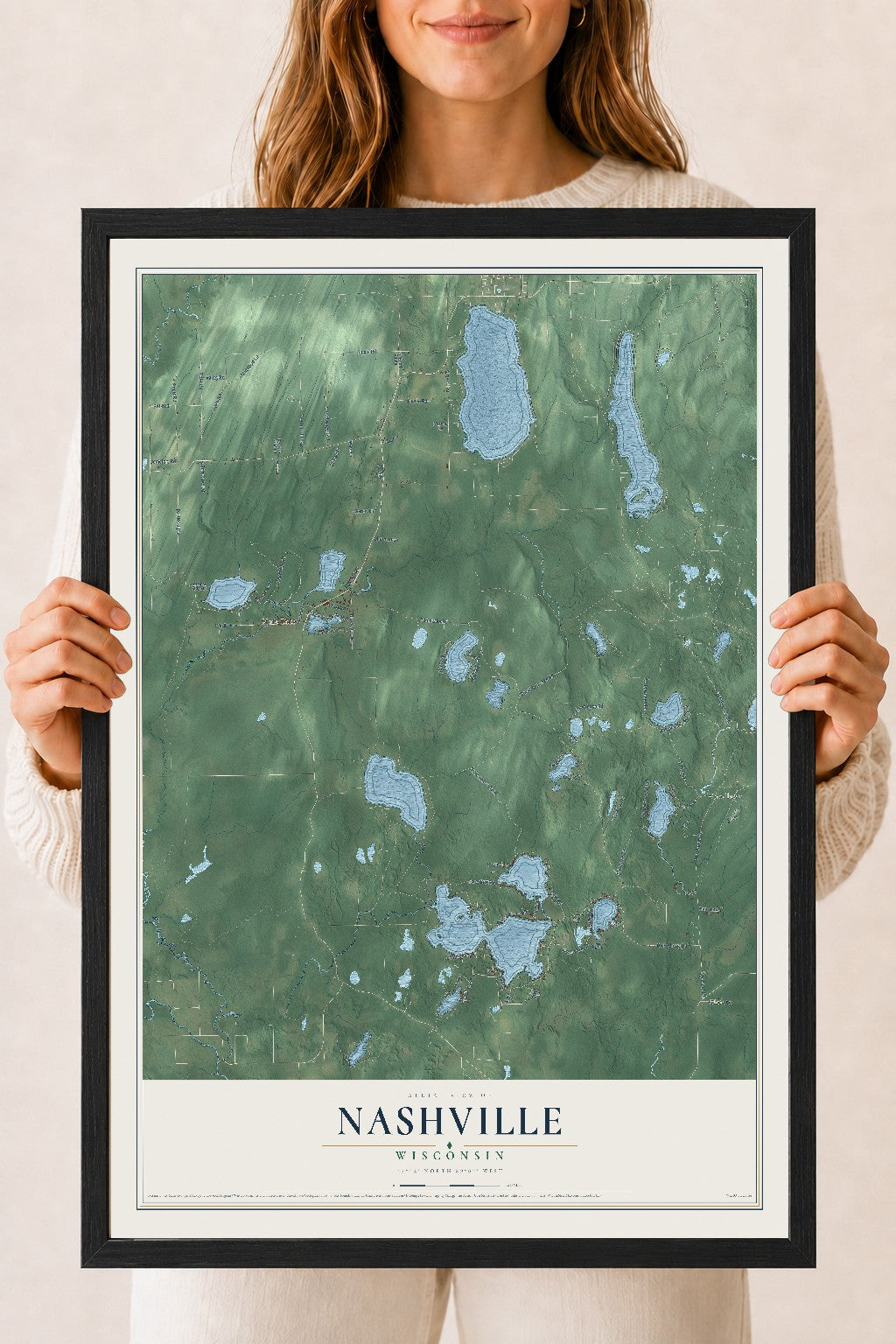 Map of Nashville, Wisconsin, 18 x 24 inch print in a black wood frame