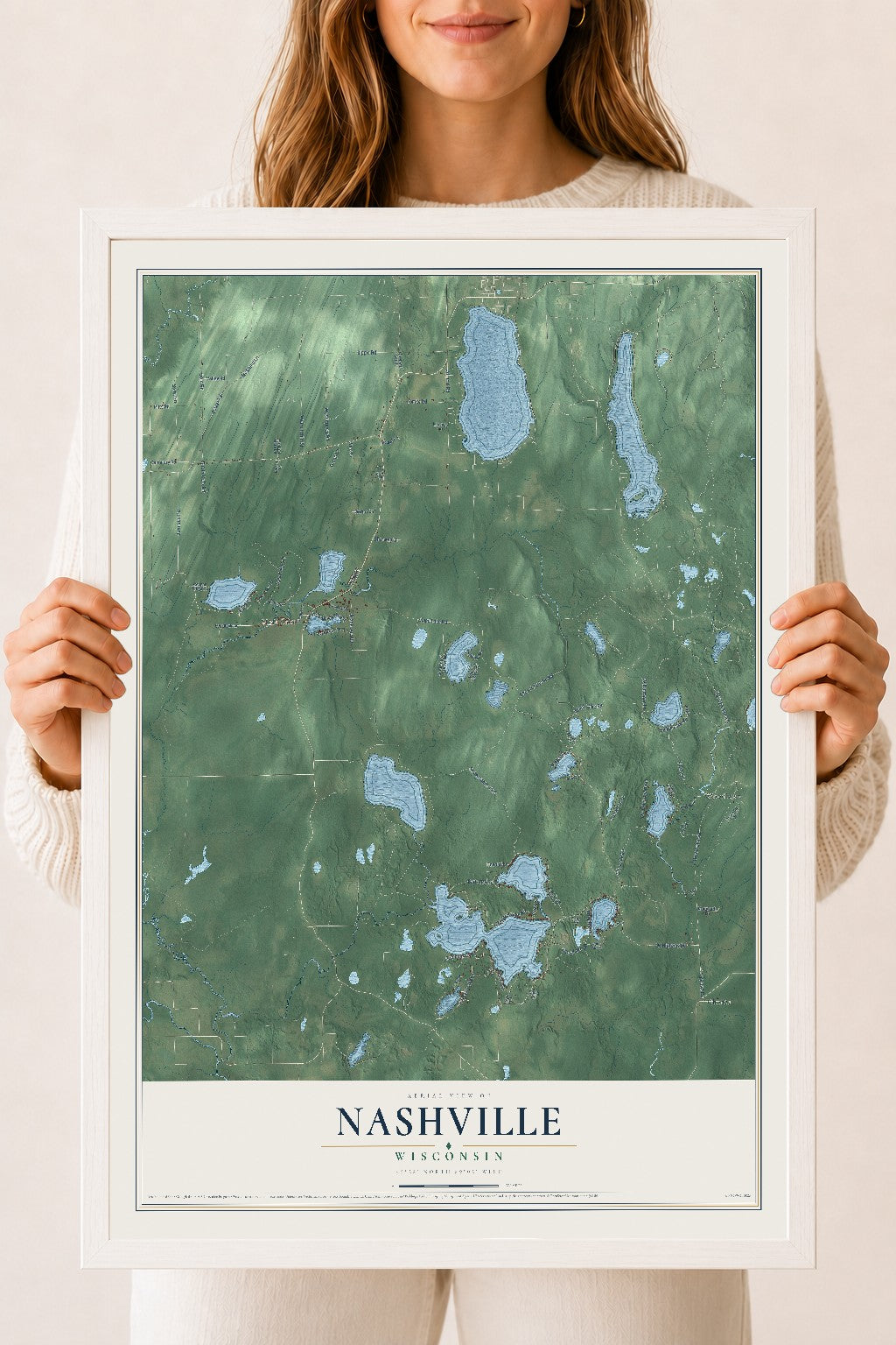 Map of Nashville, Wisconsin, 18 x 24 inch print in a white wood frame